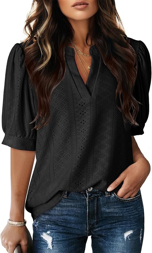 Dokotoo V Neck Short Sleeve Lace Hollow Out Top